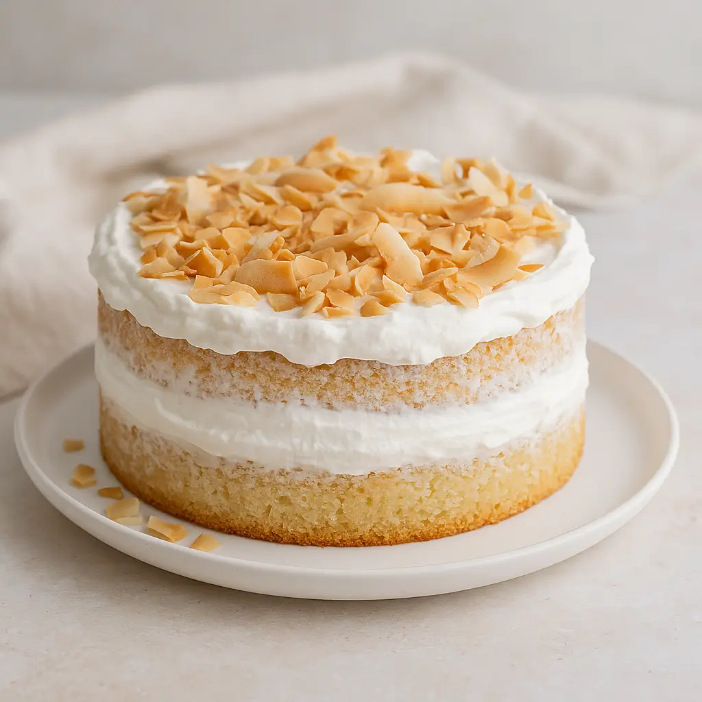 Fluffy coconut cloud cake with whipped cream and toasted flakes