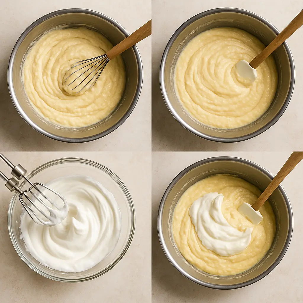 Mixing batter for coconut cloud cake with whipped egg whites