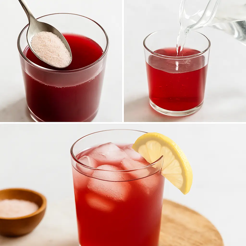 Step-by-step making the pink salt trick with cranberry juice