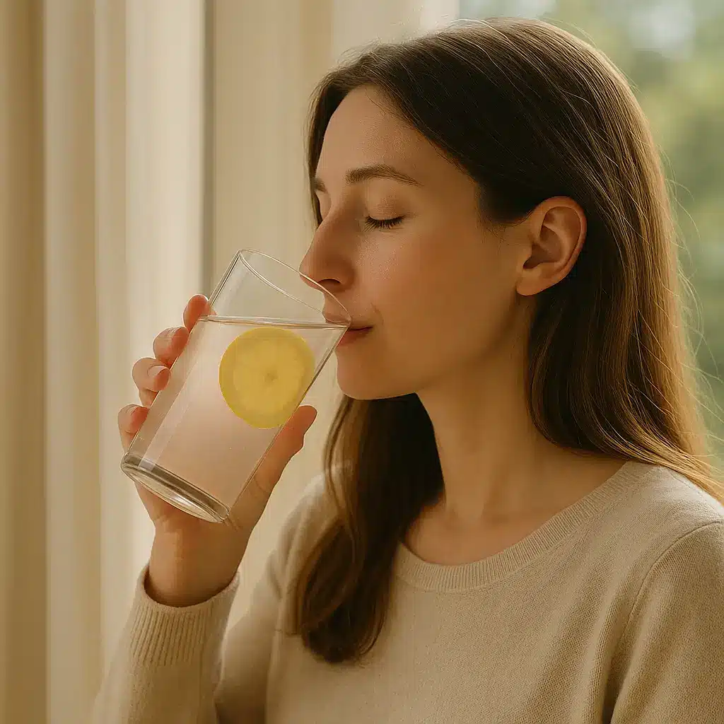 Woman drinking Japanese pink salt trick water
