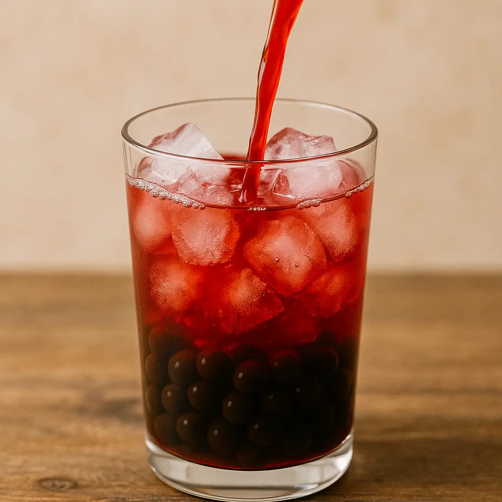 Assembling homemade hibiscus boba tea