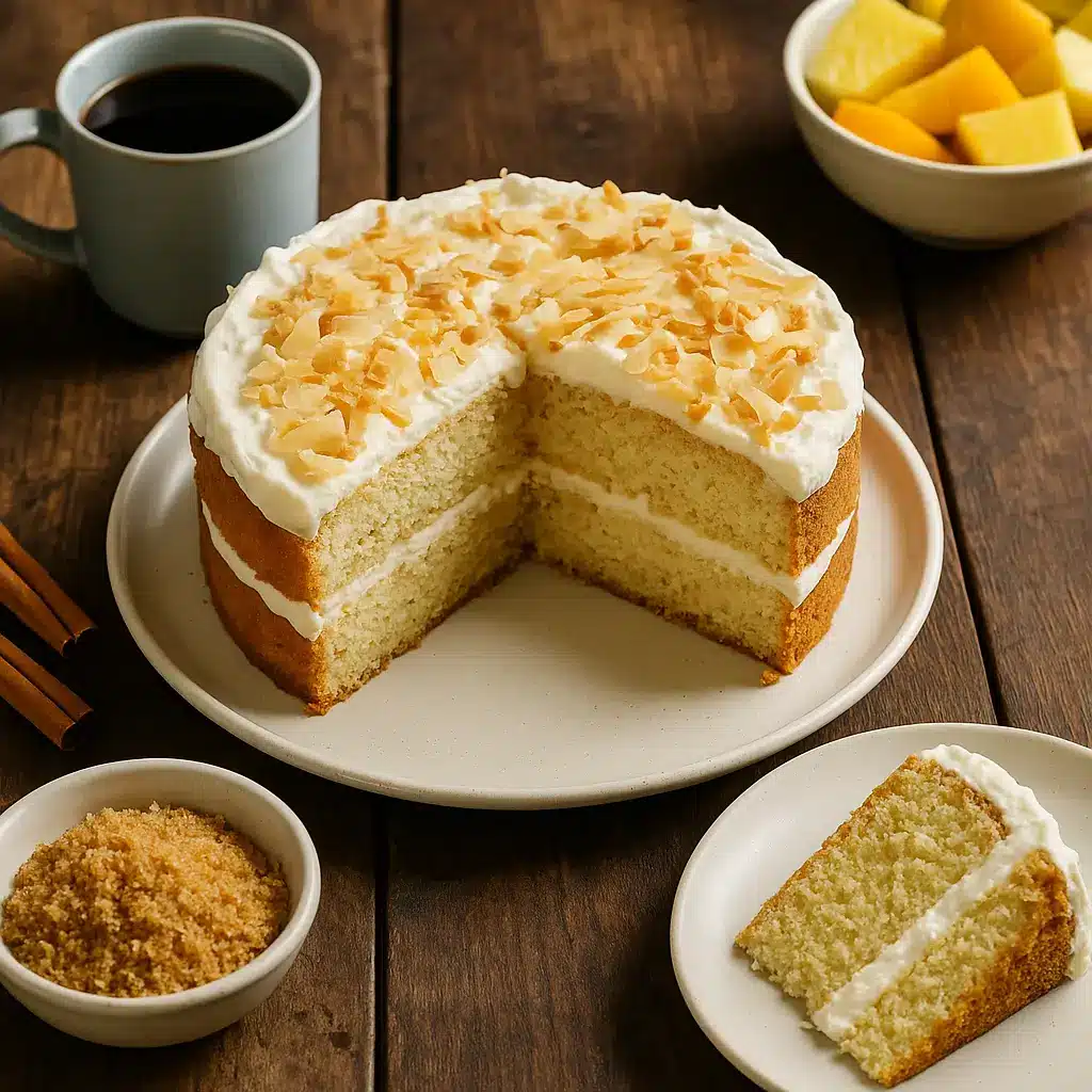 Slice of coconut cloud cake with tropical fruits and coffee
