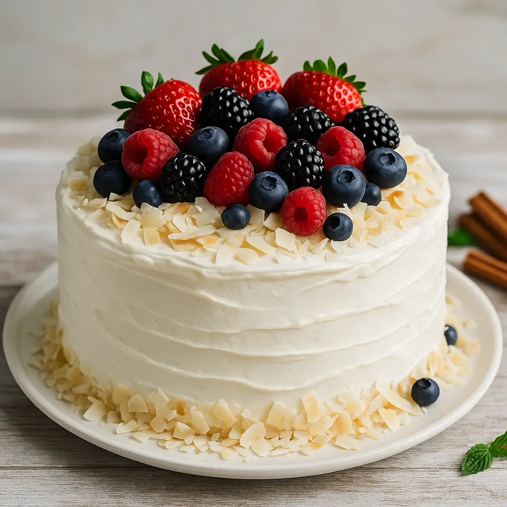 Coconut cloud cake with fresh berries and coconut garnish
