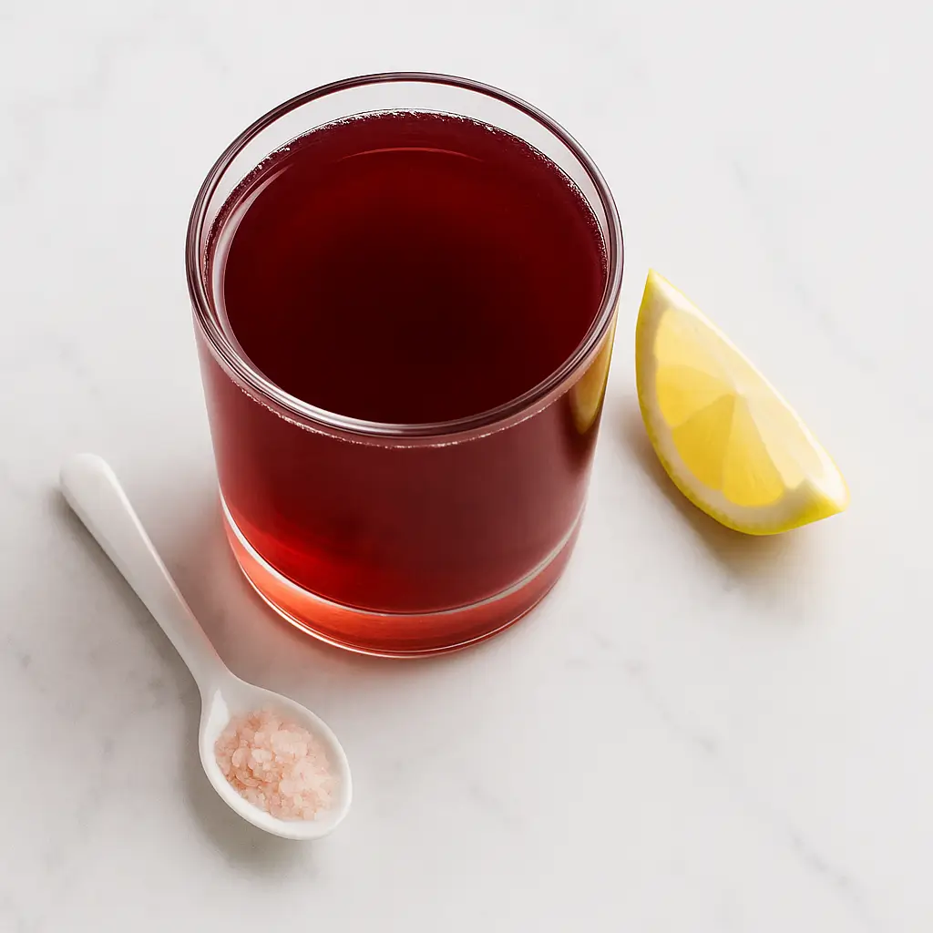 Pink salt trick recipe with cranberry juice in a clear glass