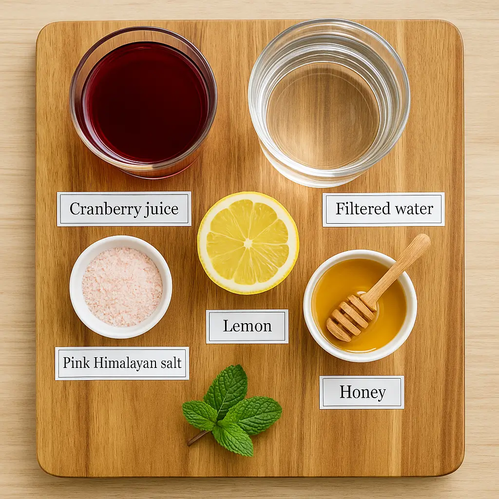 Ingredients for pink Himalayan salt and cranberry juice recipe