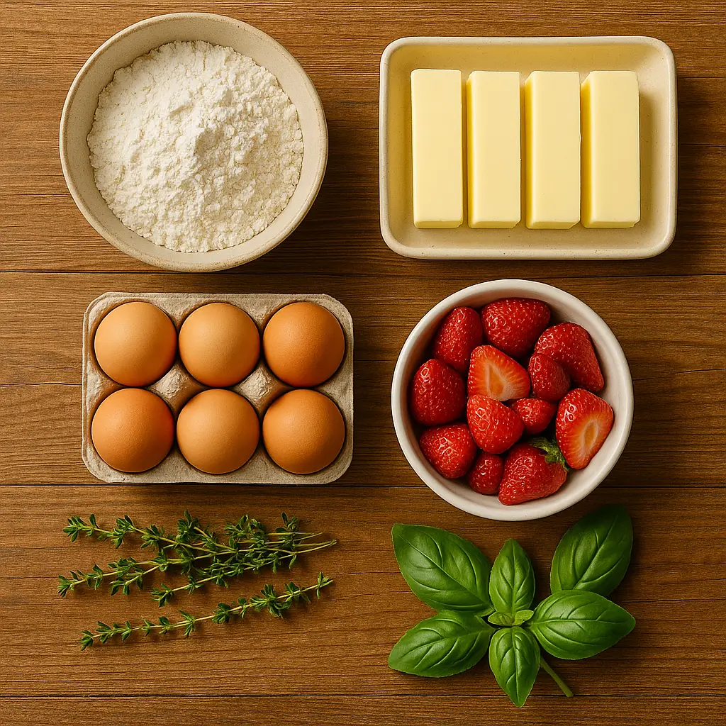 Fresh baking ingredients arranged on a wooden table