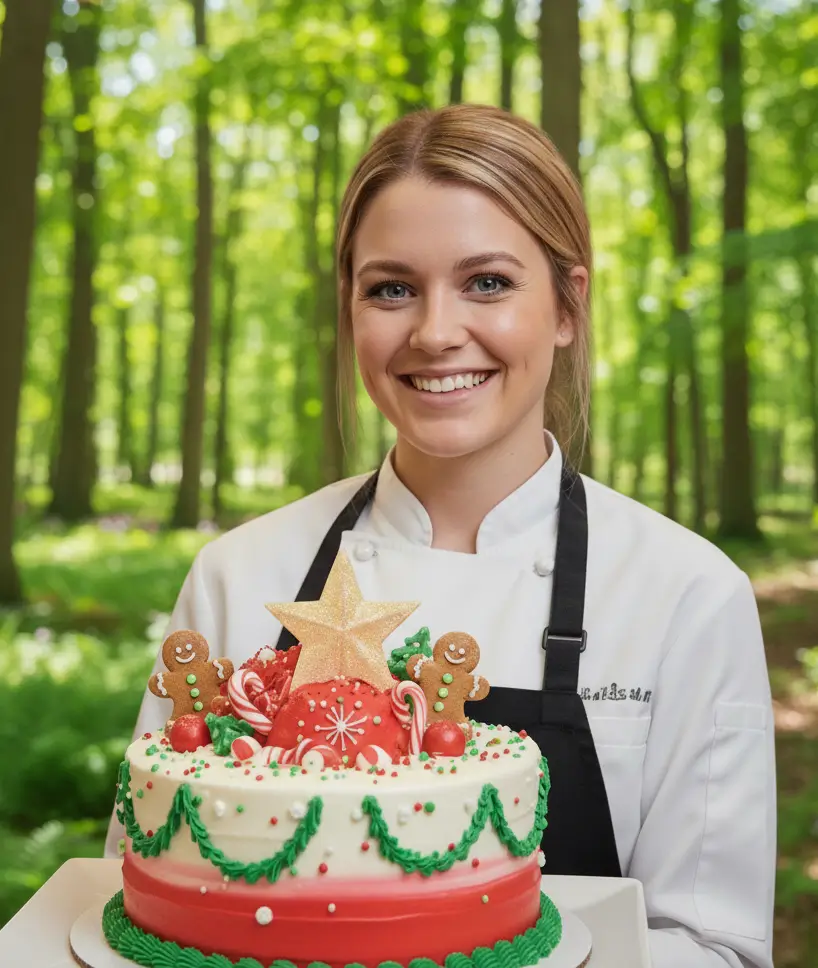Maya decorating a homemade cake in a bright kitchen