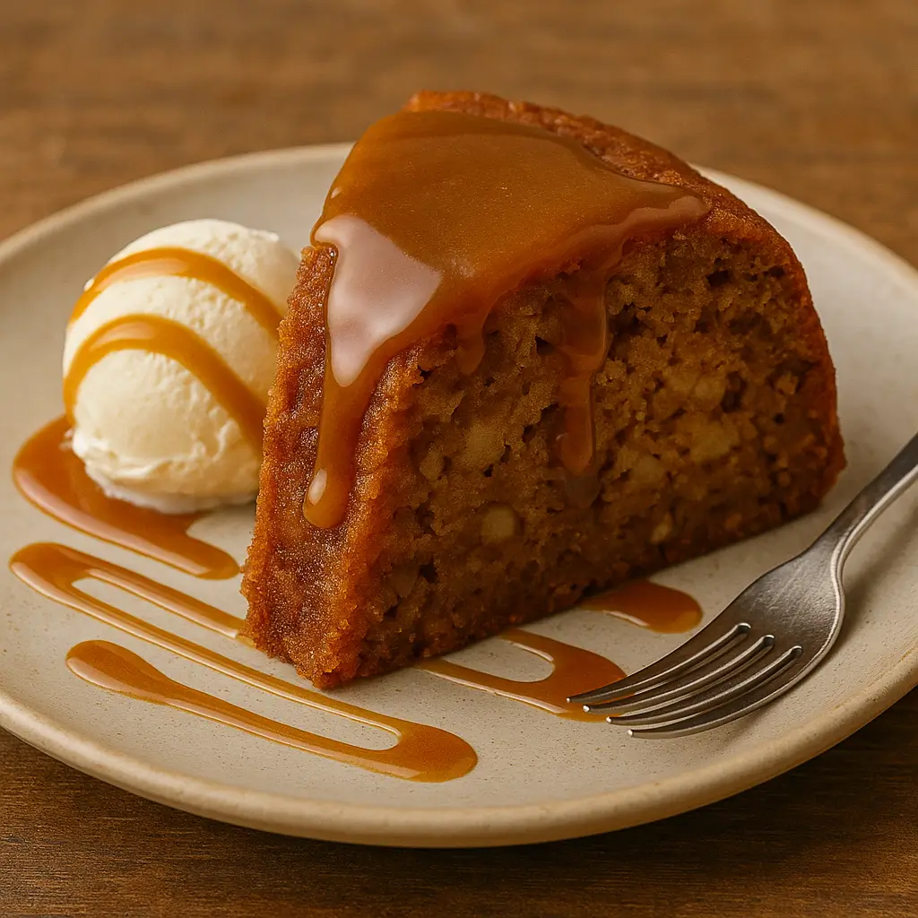 Slice of apple dapple cake with ice cream