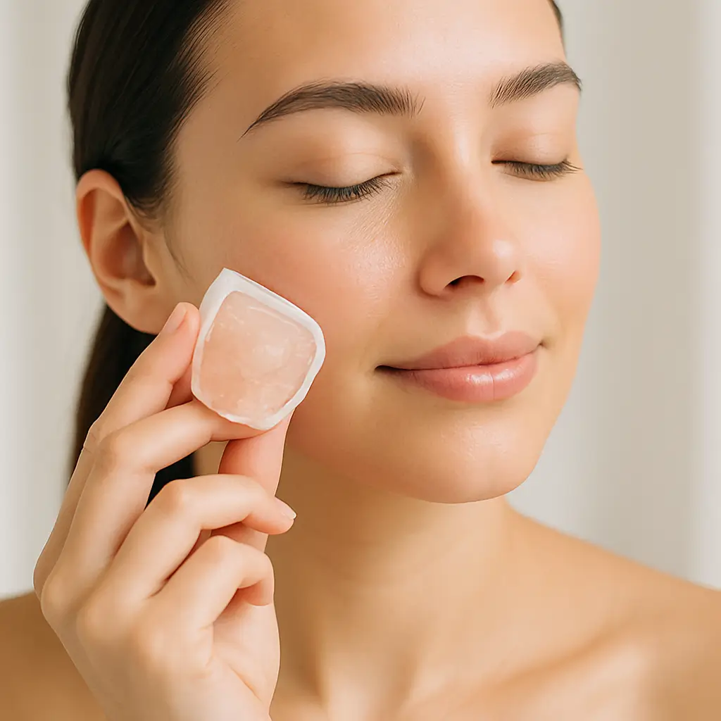 Woman gently applying a pink salt ice cube on her cheek for skincare