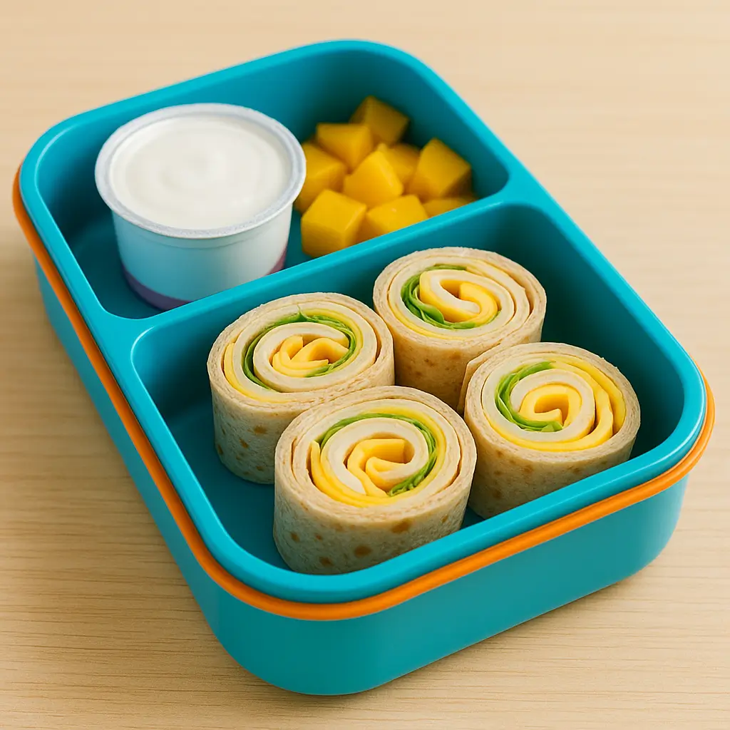 Colorful bento-style lunch box with soft wraps, yogurt cup, and diced fruit