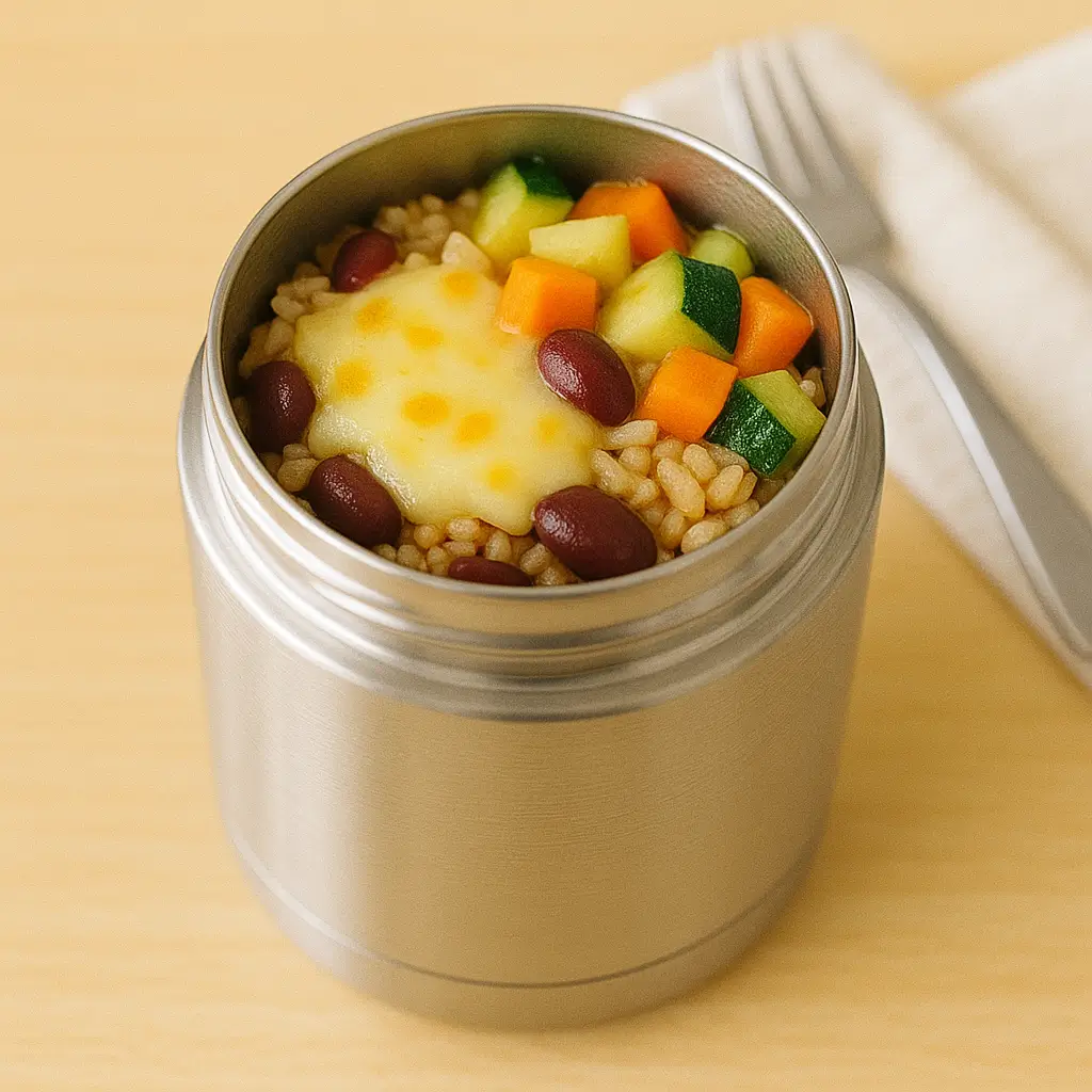 lunch ideas for kids with braces Rice and bean bowl topped with melted cheese and soft vegetables