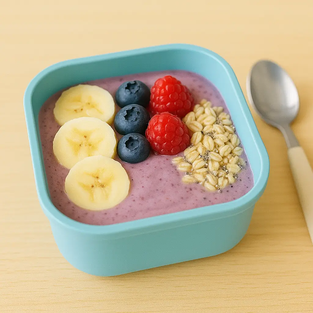 Smoothie bowl made with yogurt, banana, and berries in a lunch container