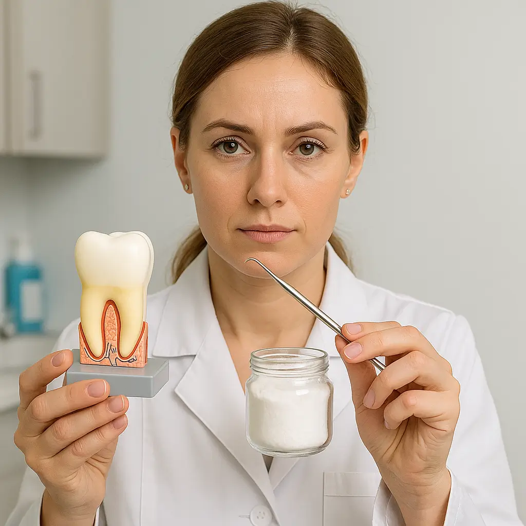 Dentist explaining enamel effects of the Brazilian baking soda trick.
