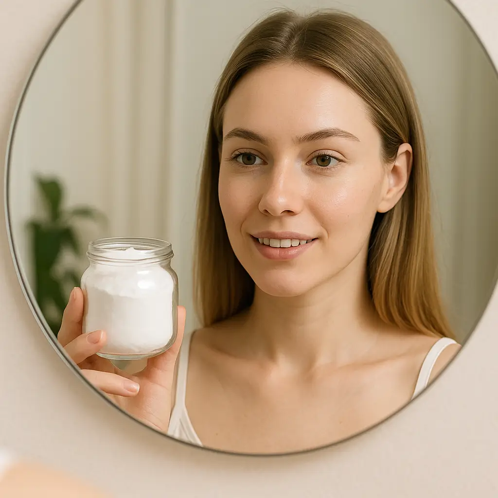 Woman demonstrating what is the brazilian baking soda trick for skincare.