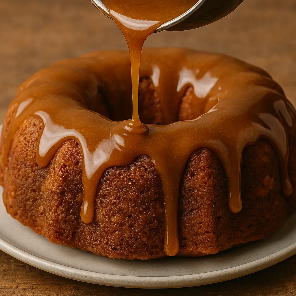 Pouring caramel glaze over apple dapple cake