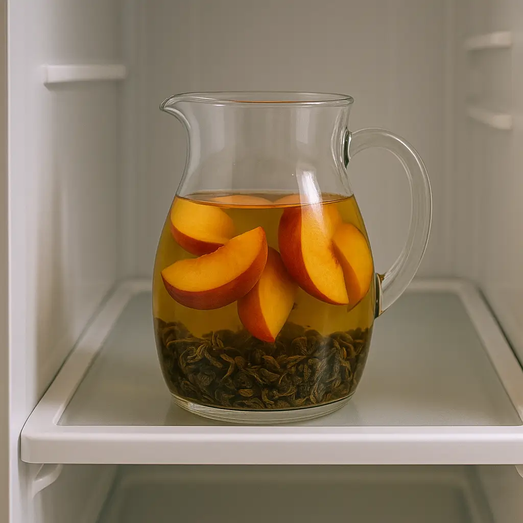 Cold brew peach oolong tea steeping process.