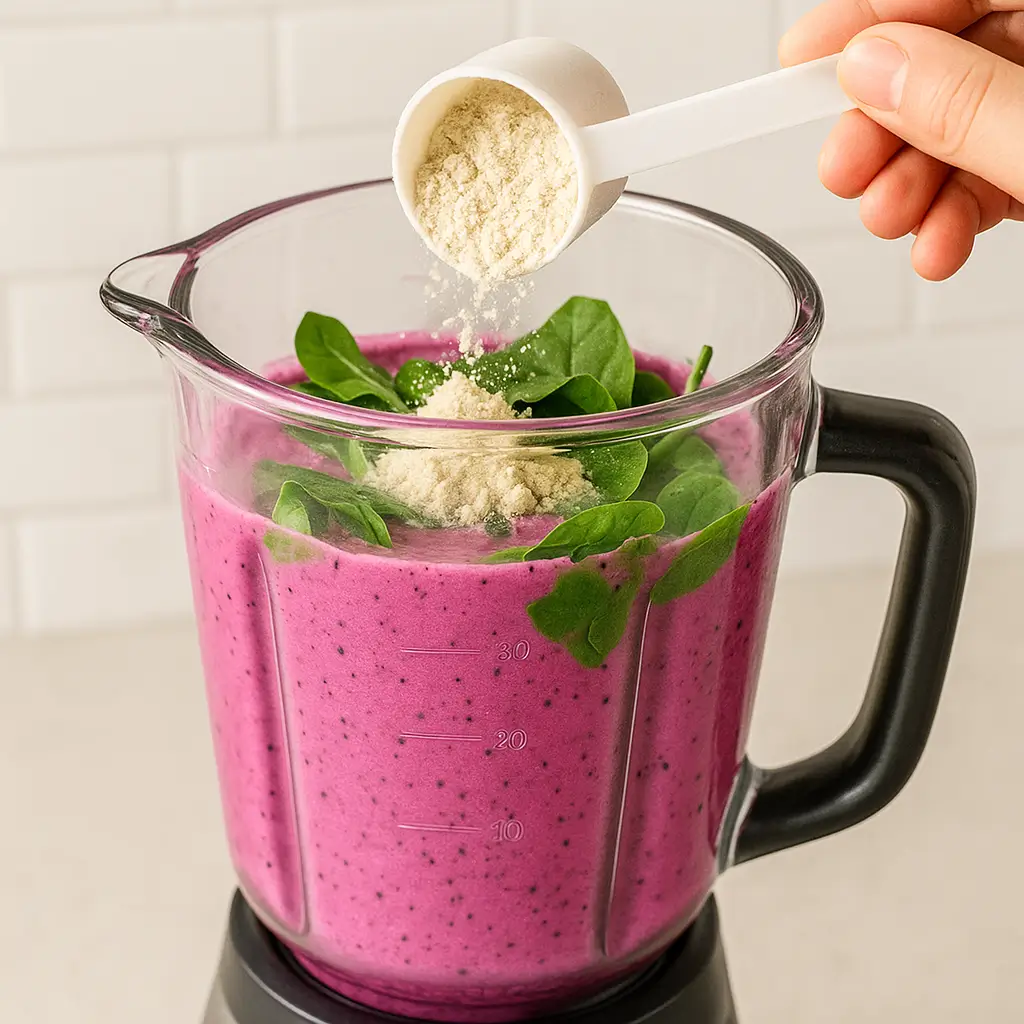 Blender mixing dragon fruit smoothie with spinach and protein powder