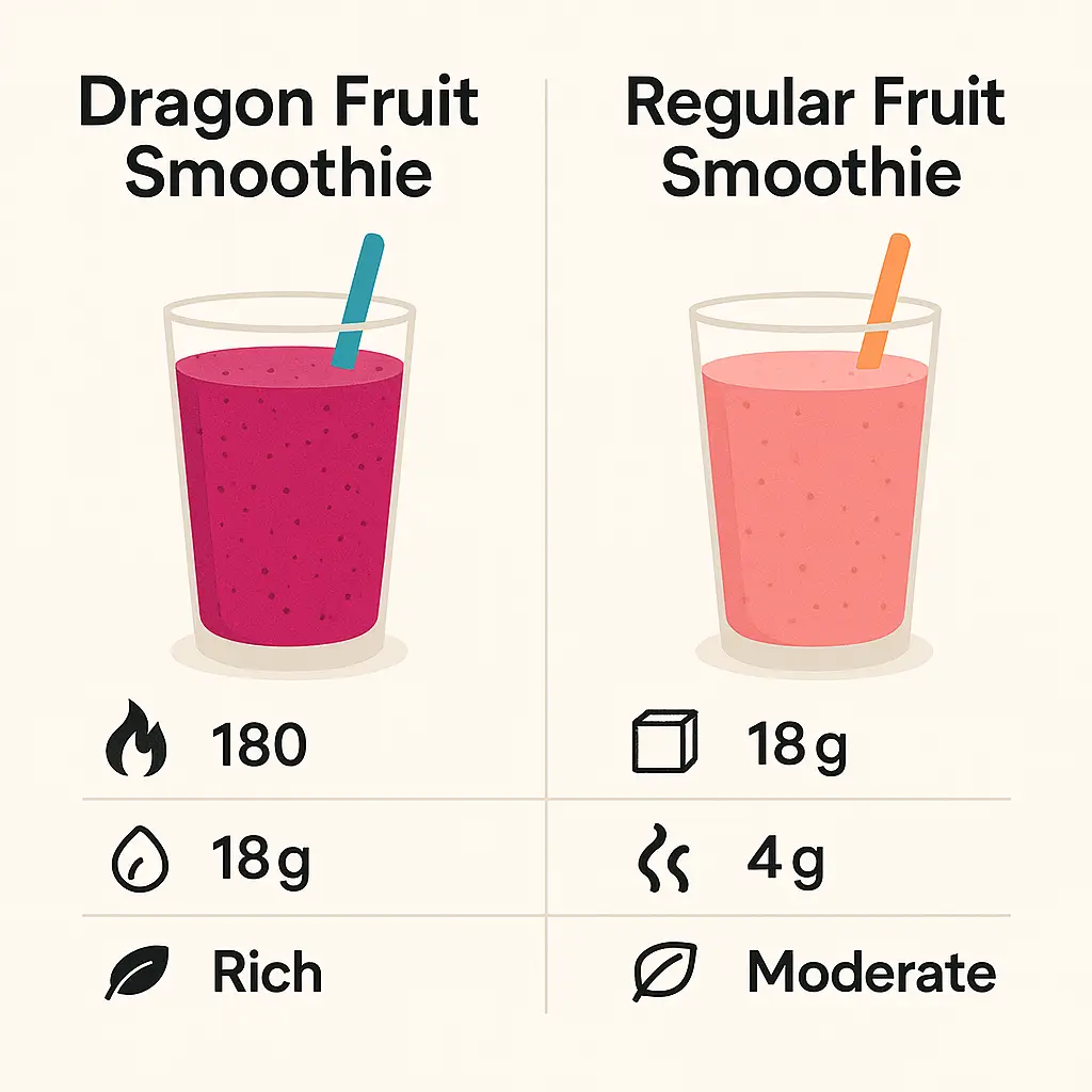Comparison table graphic of dragon fruit smoothie for weight loss recipe vs regular fruit smoothie for weight loss