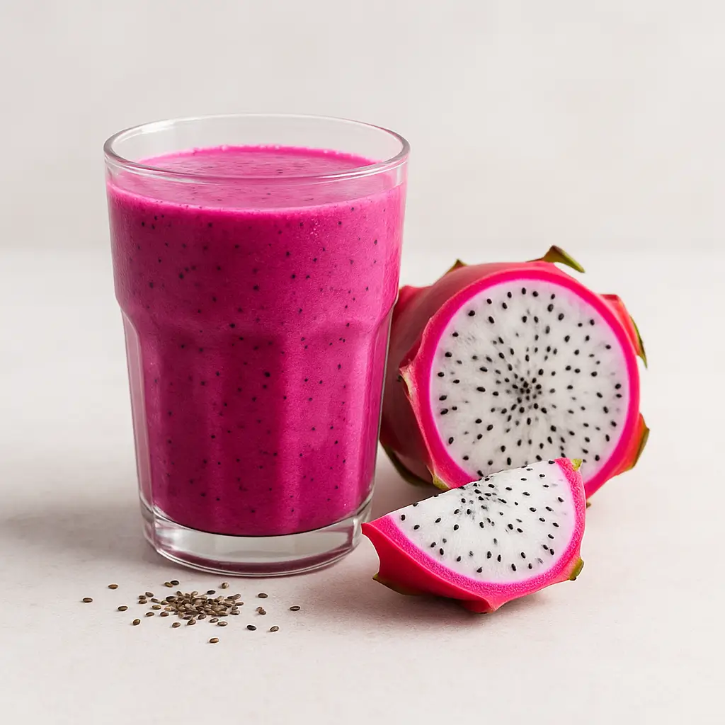 Bright pink dragon fruit smoothie for weight loss recipe with fresh pitaya beside it