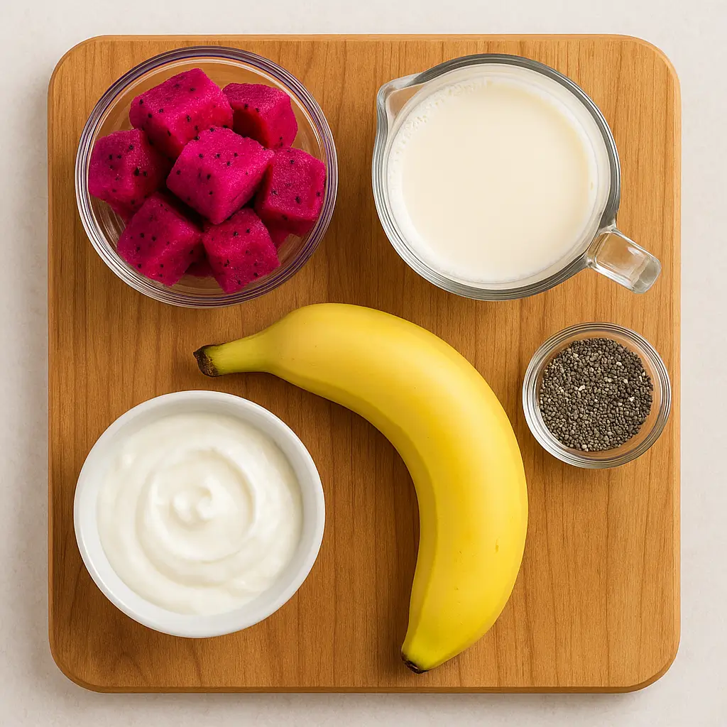 Ingredients laid out for dragon fruit smoothie: frozen pitaya, almond milk, banana, chia seeds