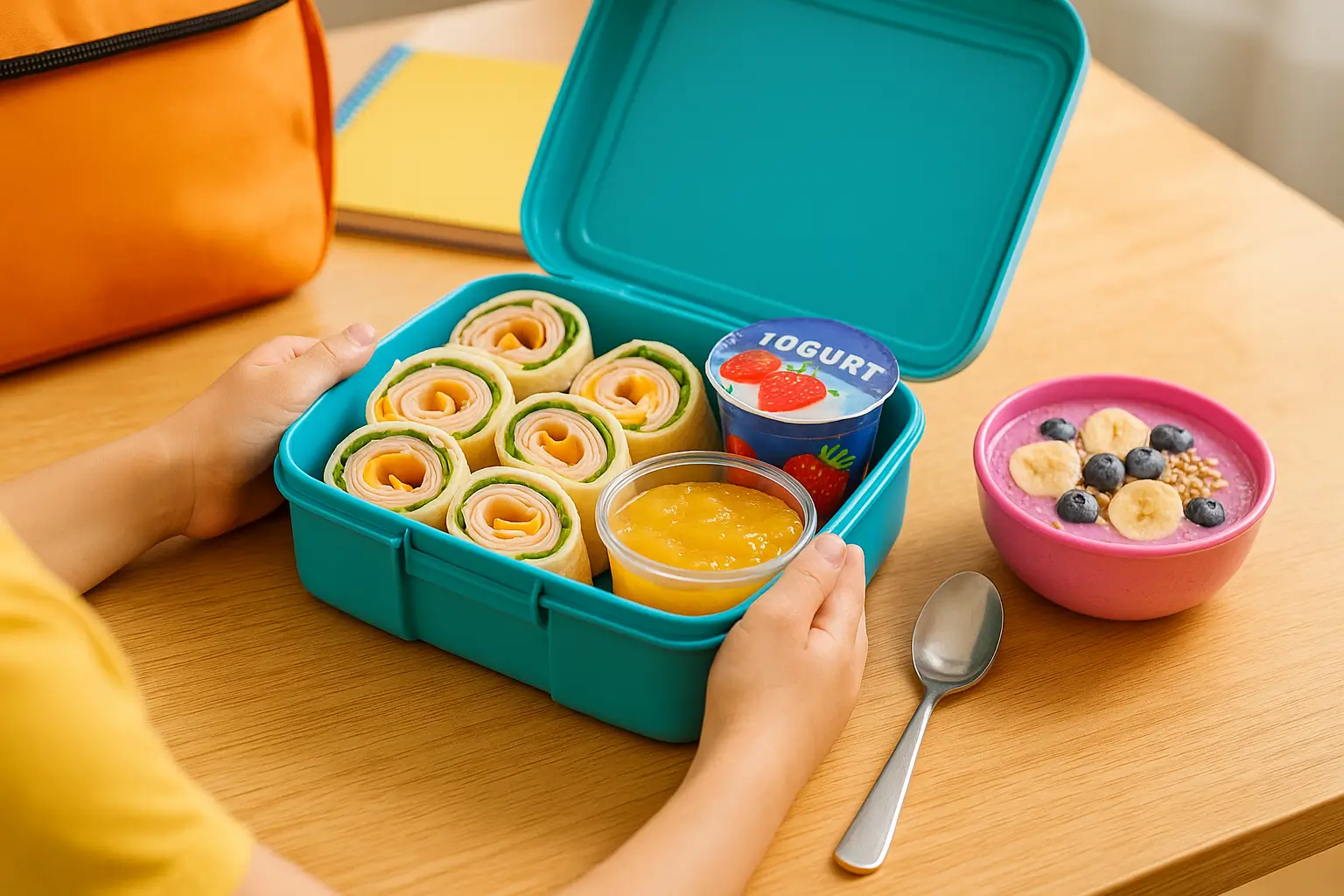 Bright school lunch setup for kids with braces featuring soft turkey wraps, yogurt, and smoothie bowl on a wooden table