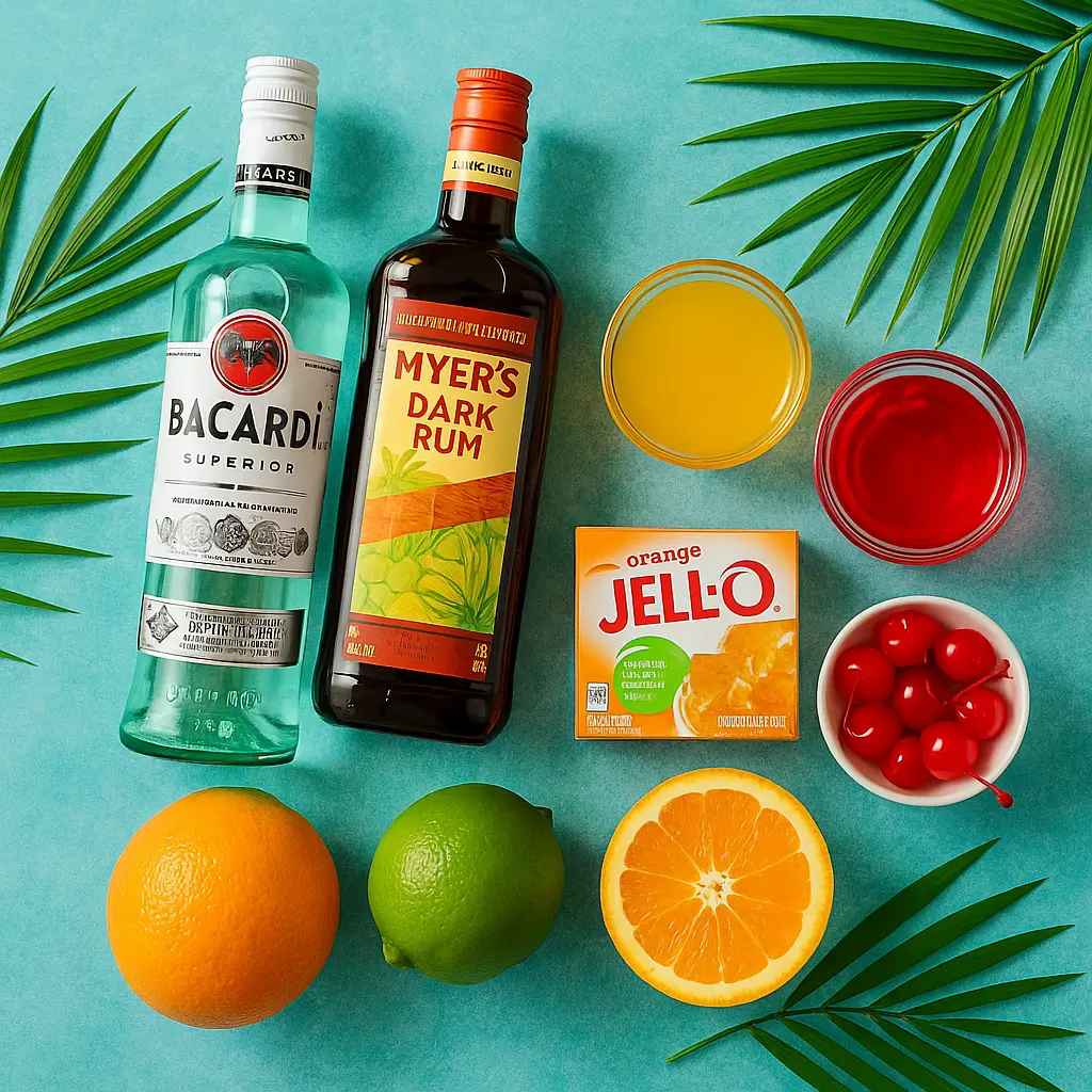 Bright red-orange hurricane jello shots in clear cups on ice