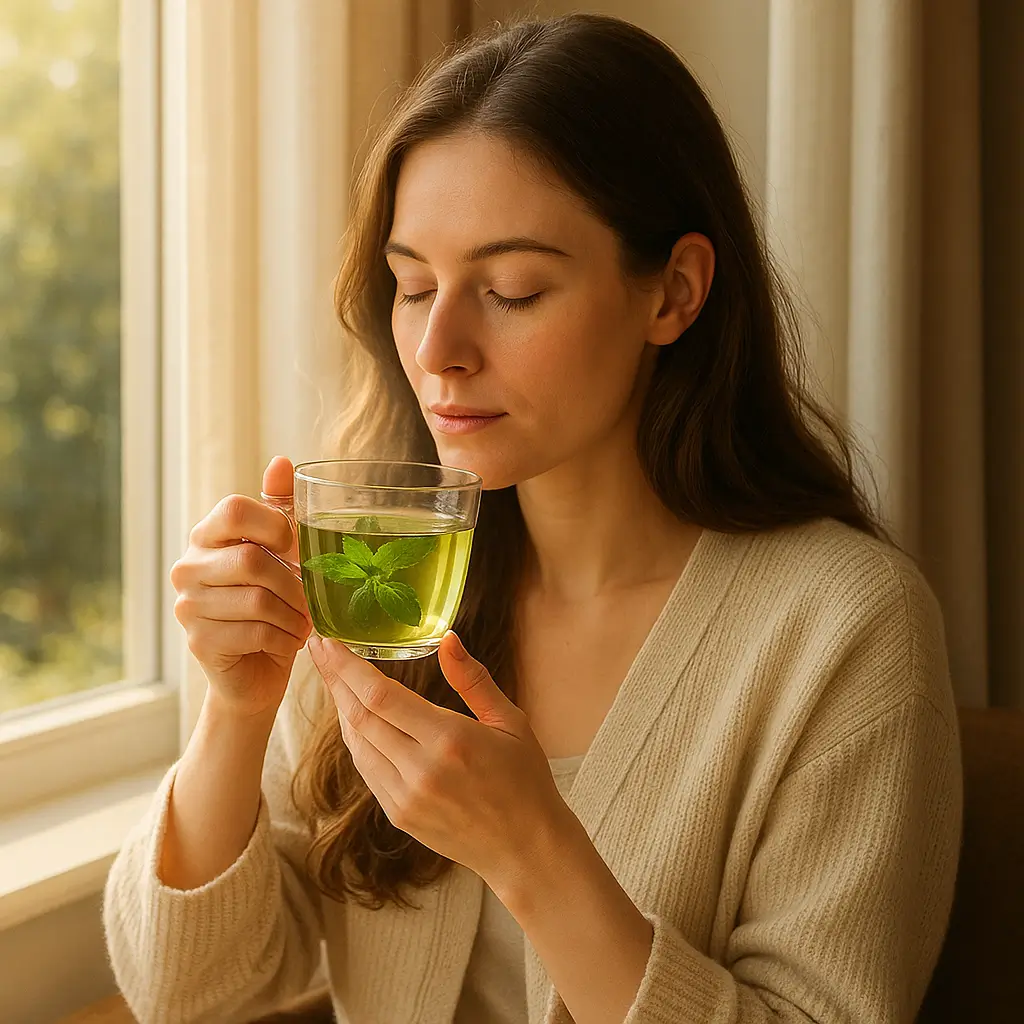 Woman enjoying homemade lemon balm tea recipe for weight loss