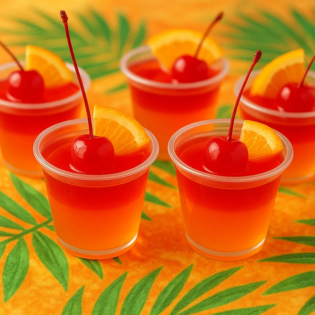 Layered hurricane jello shots with orange and red tones