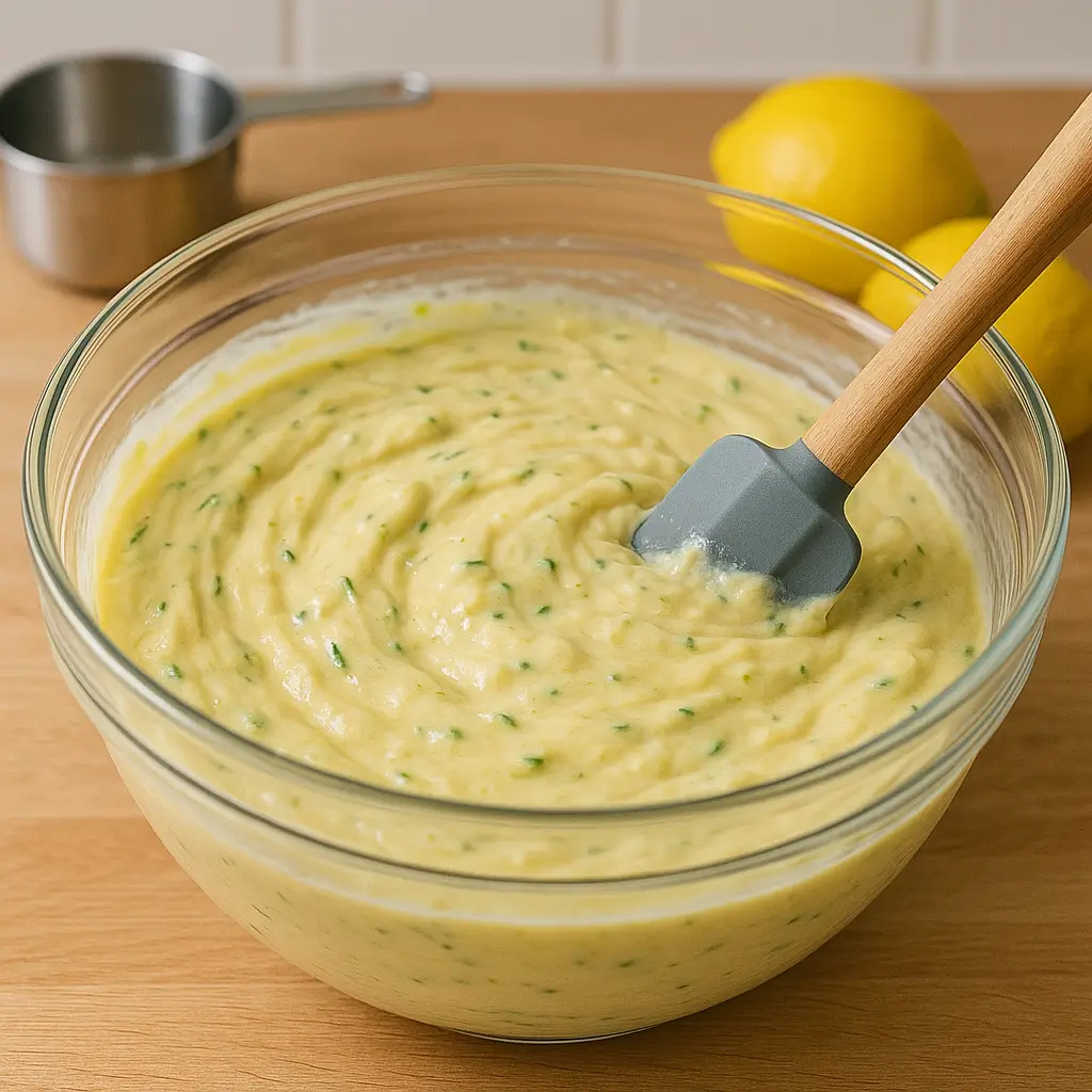 Mixing lemon zucchini bundt cake recipe batter in a bowl