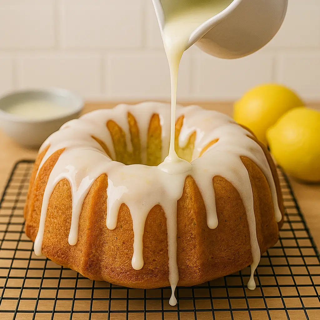 Lemon glaze being poured over bundt cake