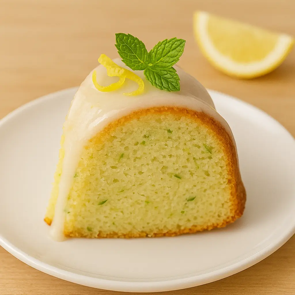 Slice of lemon zucchini bundt cake on a plate