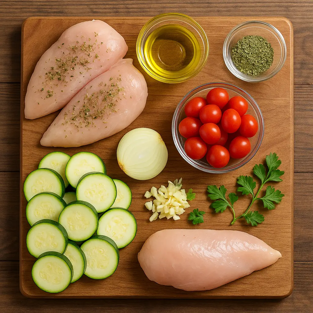 Fresh ingredients for Mediterranean Zucchini Chicken Bake.