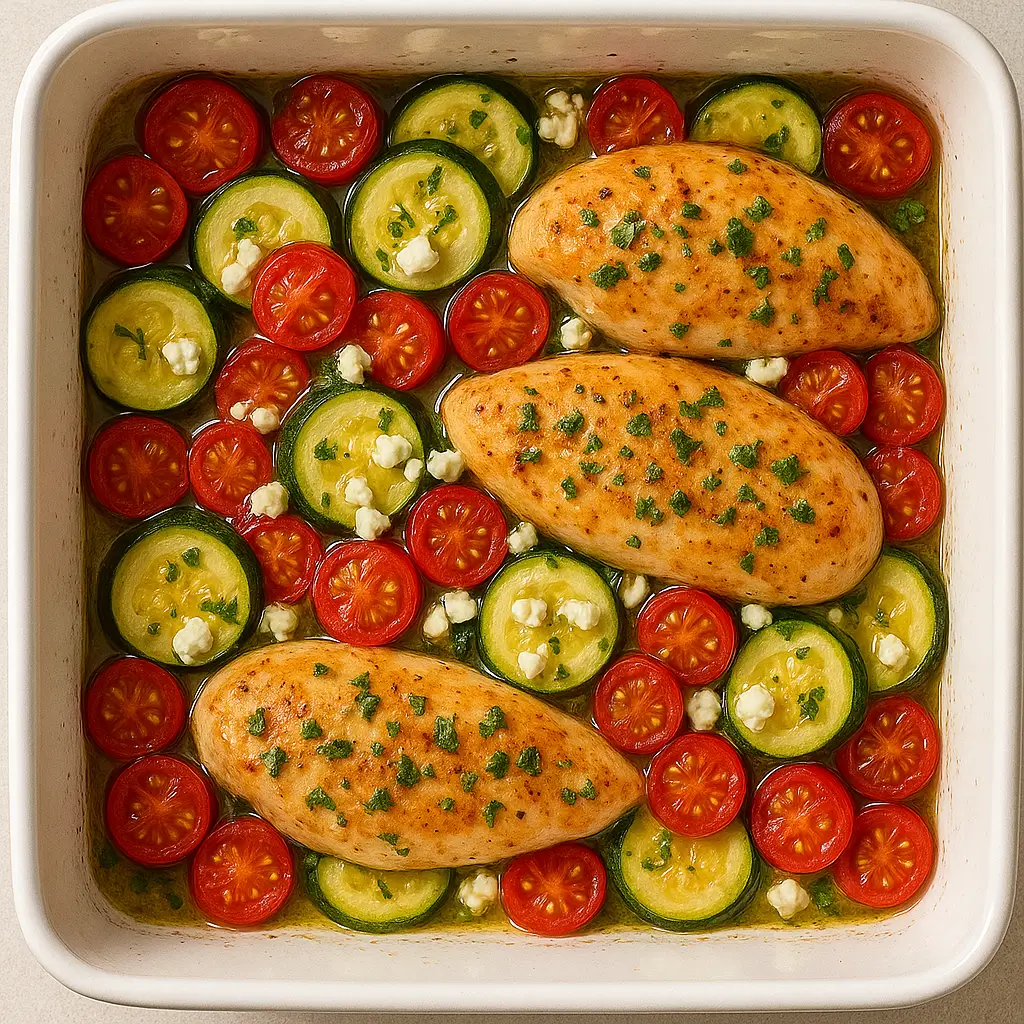 Overhead view of Mediterranean Zucchini Chicken Bake.
