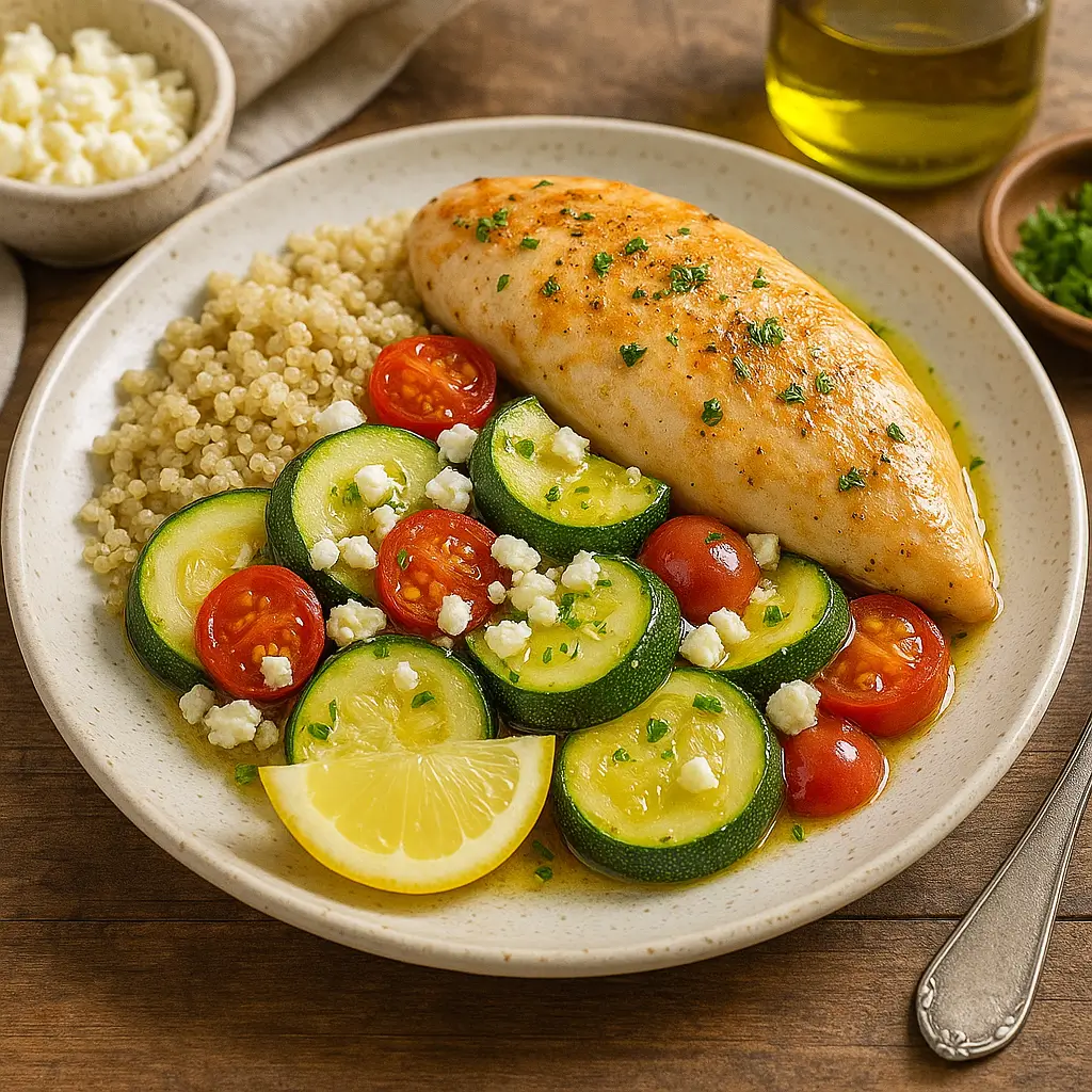 Mediterranean Zucchini Chicken Bake served with quinoa.