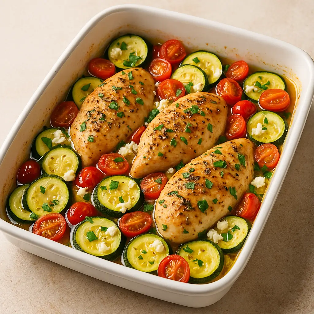 Mediterranean Zucchini Chicken Bake fresh out of the oven.