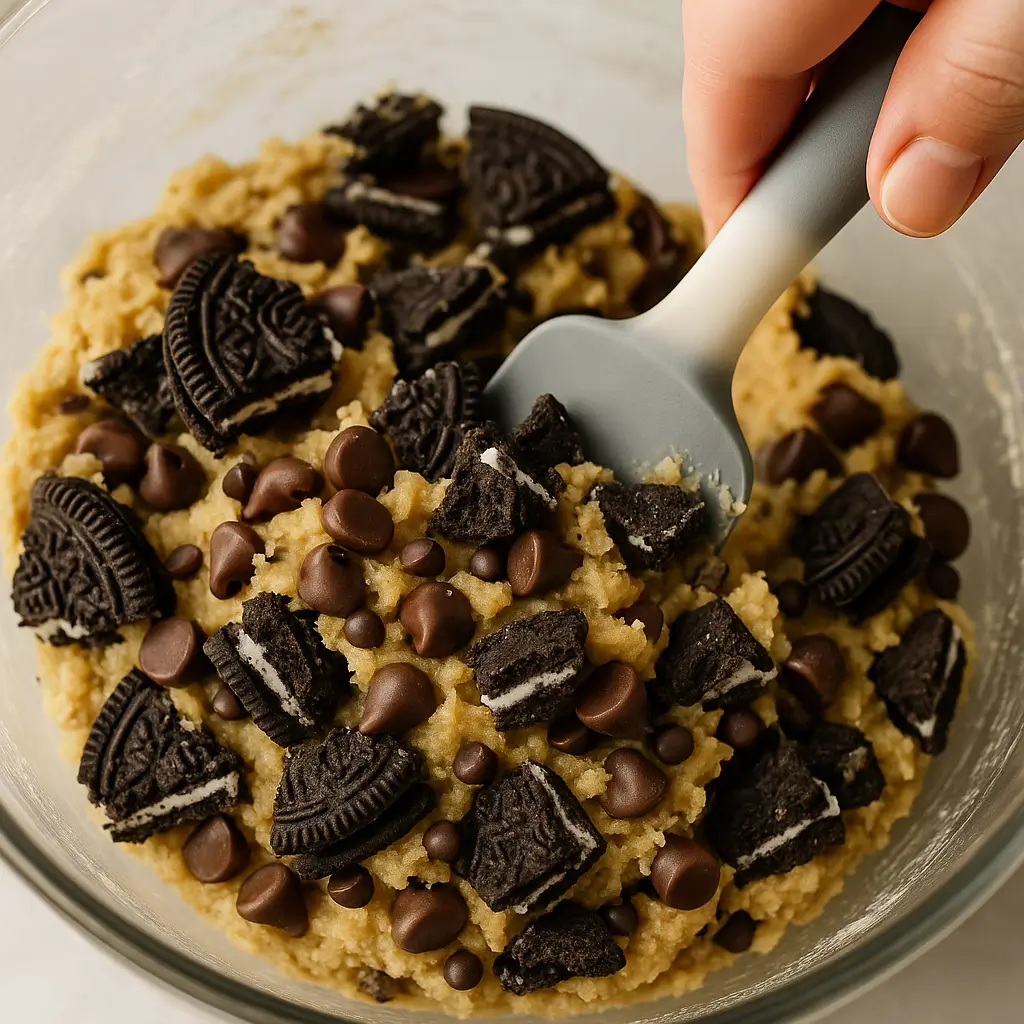 Mixing Oreo chunks into cookie dough