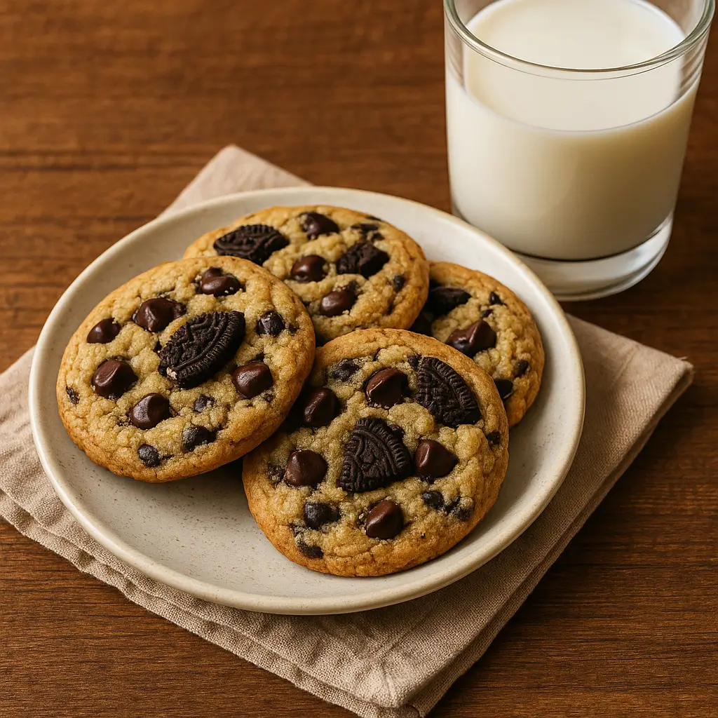 Oreo chocolate chip cookies served with milk