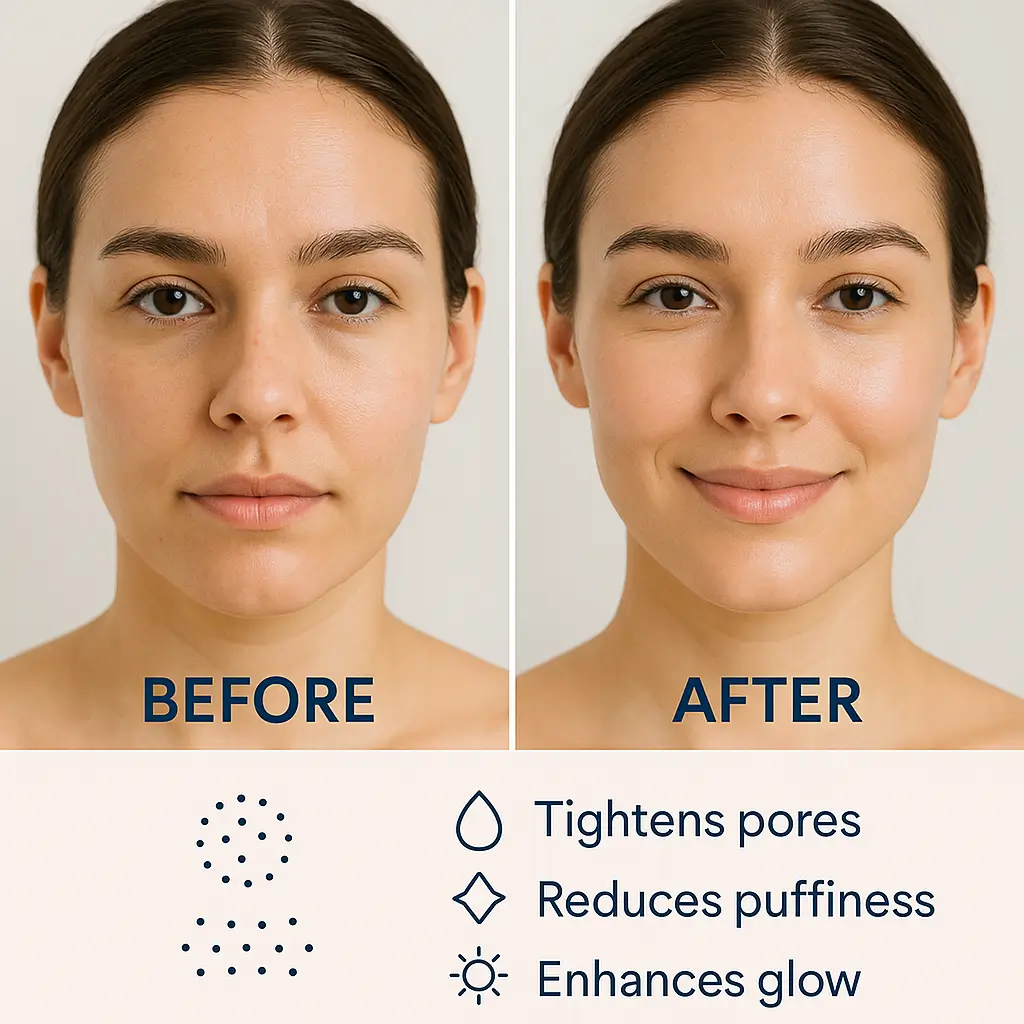 Before and after results of the pink salt trick with ice cubes showing smoother skin