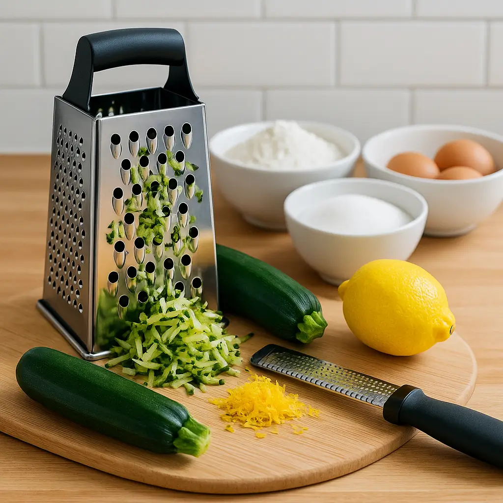Grating zucchini and zesting lemon for cake batter
