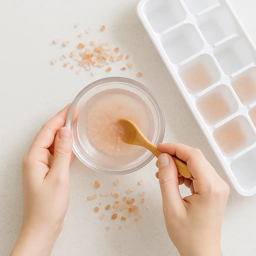 Mixing Himalayan pink salt with water and pouring into ice cube tray