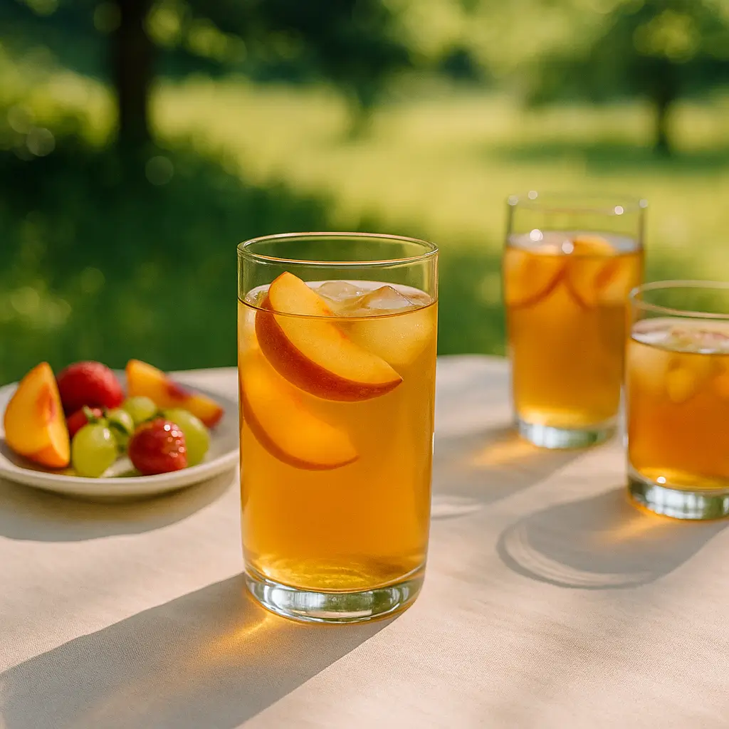 Cold brew peach oolong tea served outdoors.