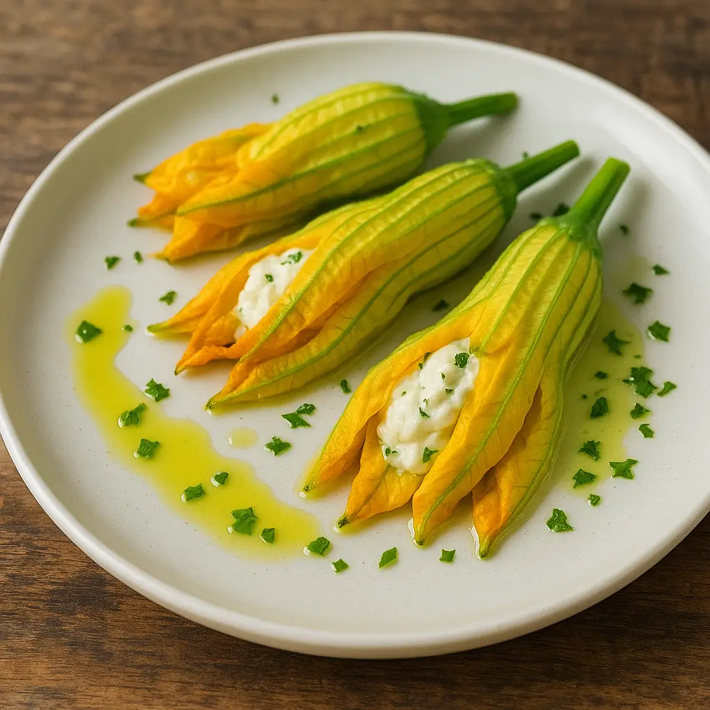 Stuffed zucchini flowers served on a white plate