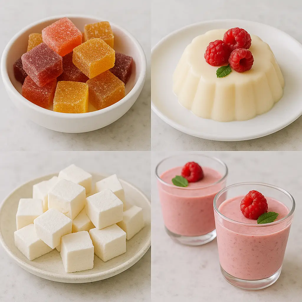 Assorted desserts made with unflavored gelatin recipes like panna cotta, gummies, and marshmallows.