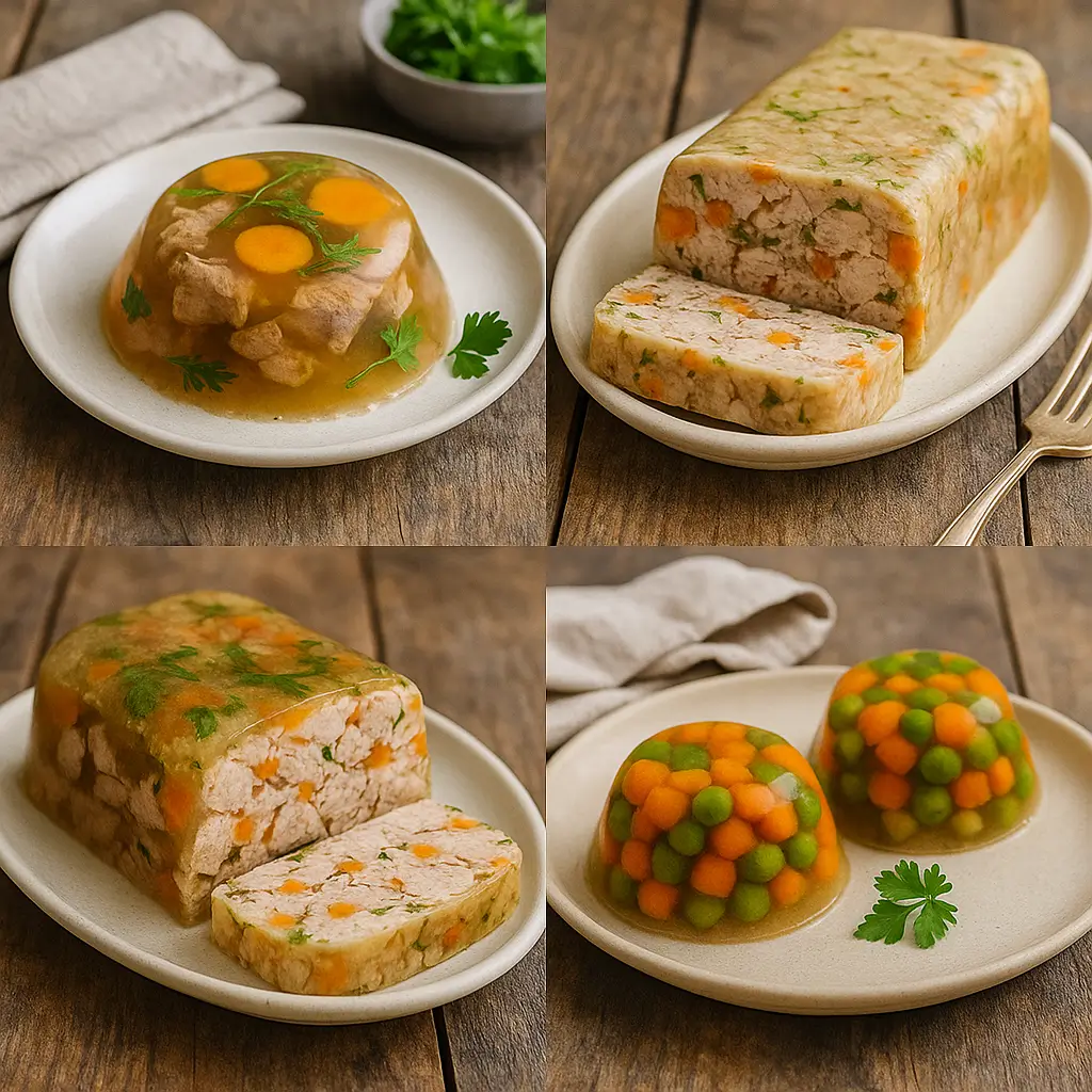 Savory aspic and chicken terrine prepared using unflavored gelatin recipes.
