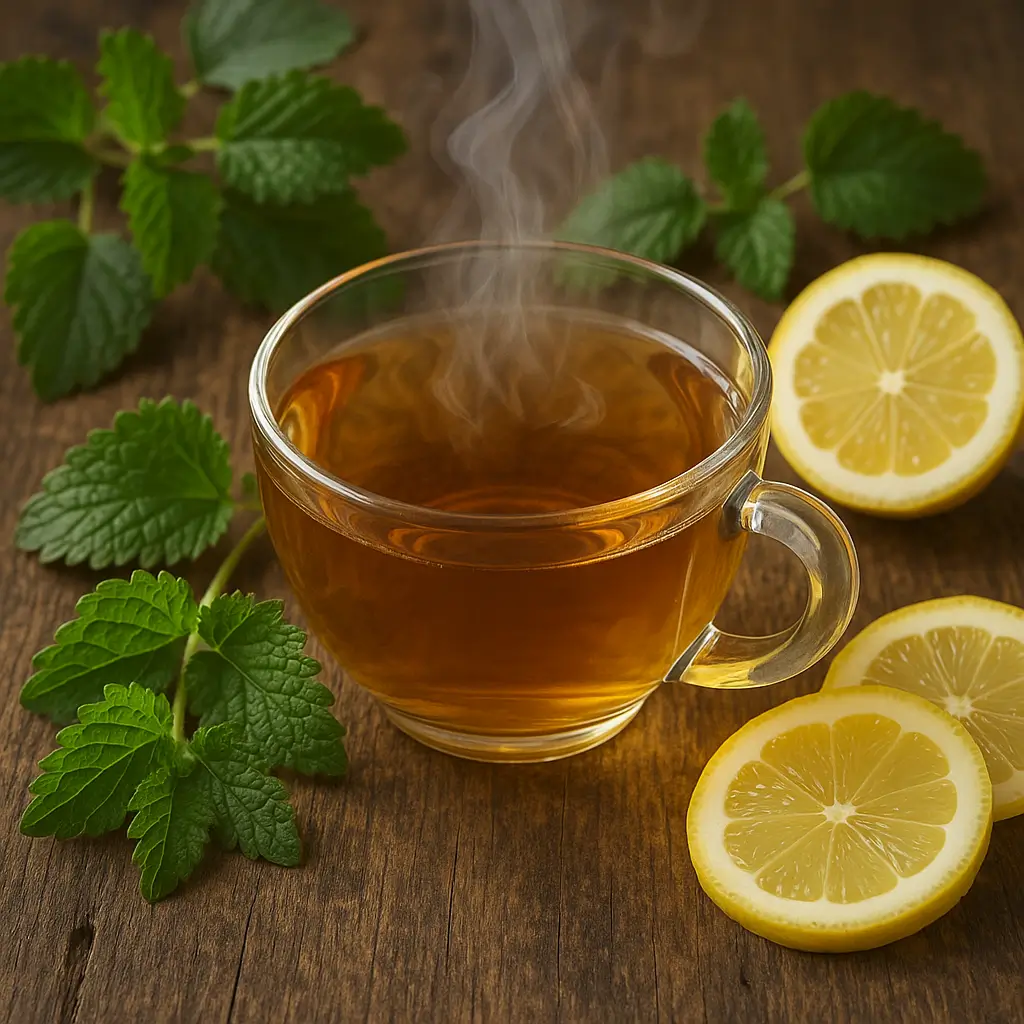 Homemade lemon balm tea for weight loss on a wooden table