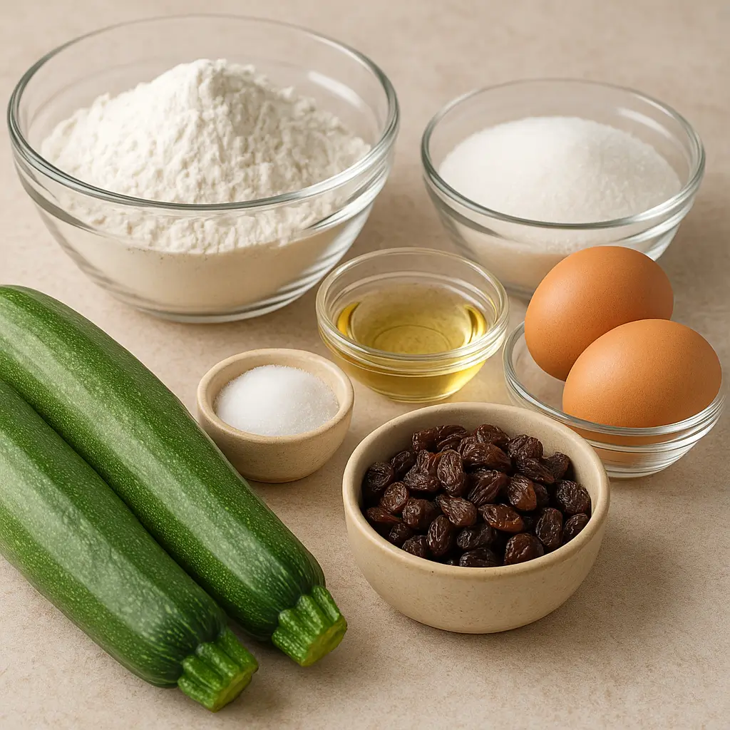 Ingredients for zucchini bread with raisins