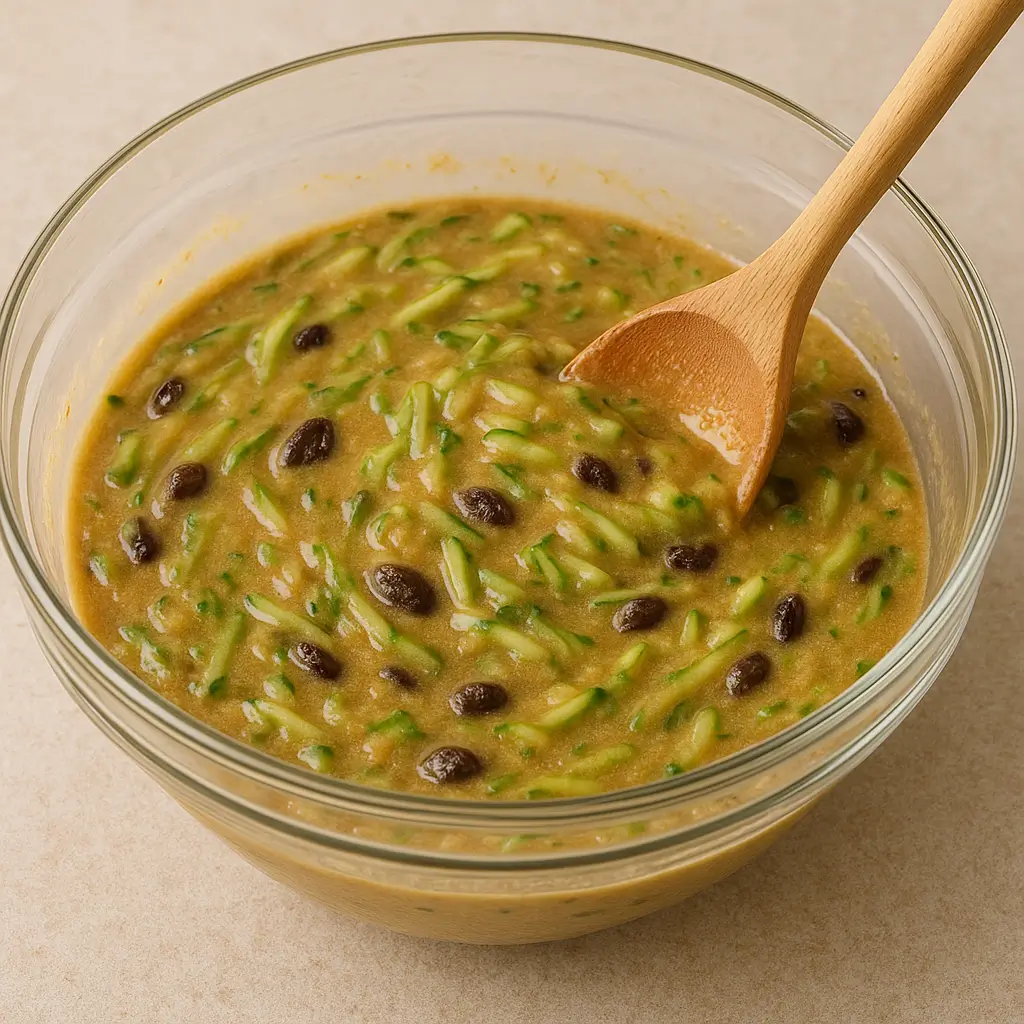 Mixing zucchini bread batter with raisins