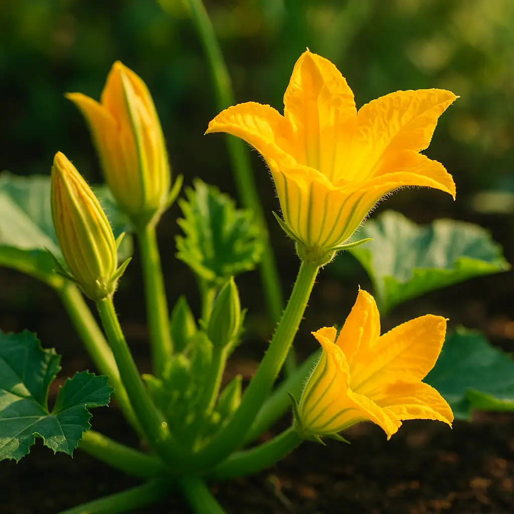 Bright yellow zucchini flowers on plant in garden