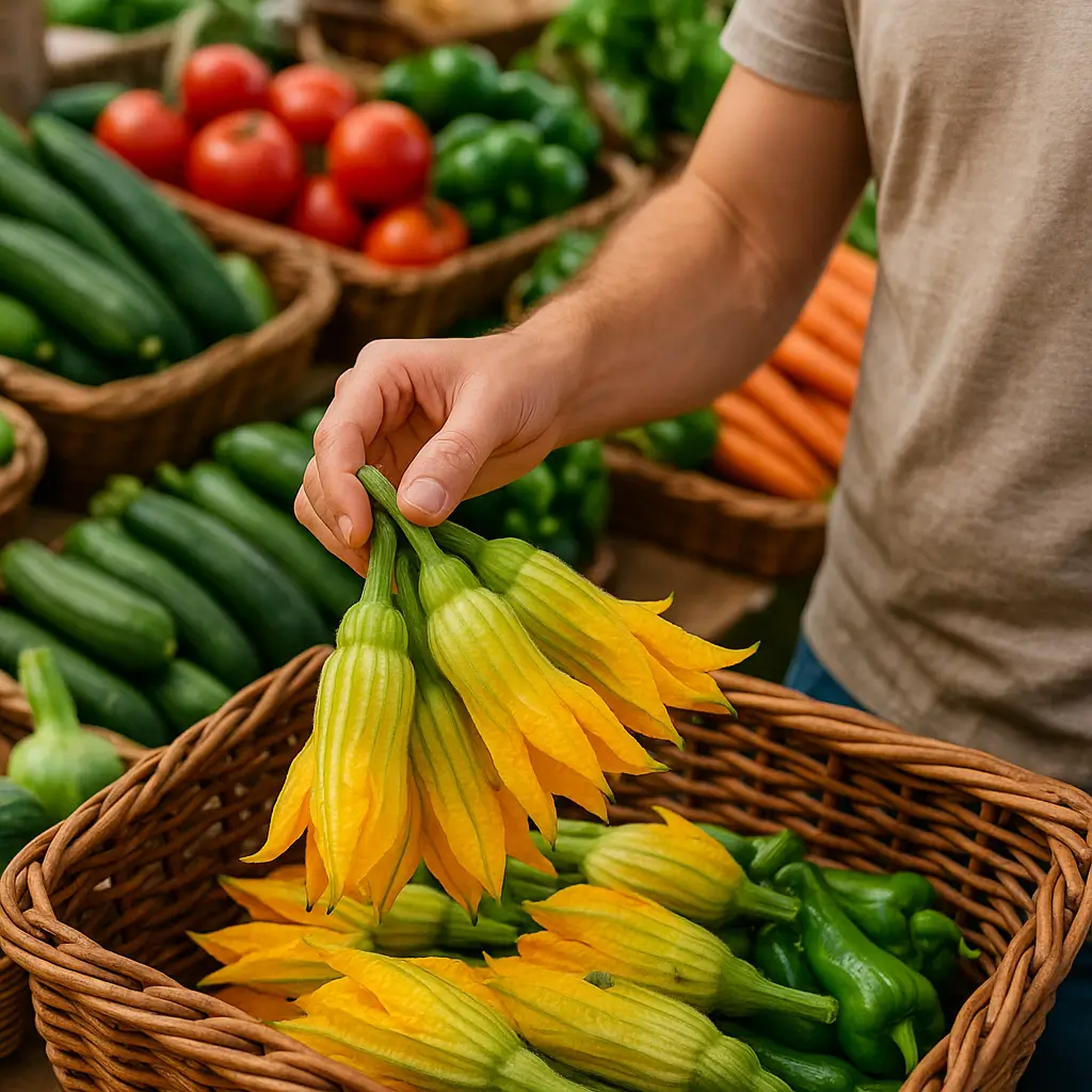 Hand holding zucchini flowers in farmers market basket