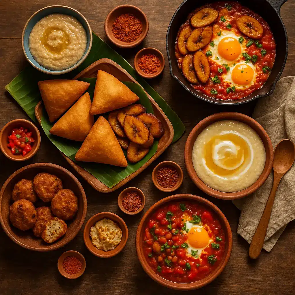 Assorted African breakfast foods including mandazi, akara, shakshuka, pap, and plantains displayed on a rustic wooden table.